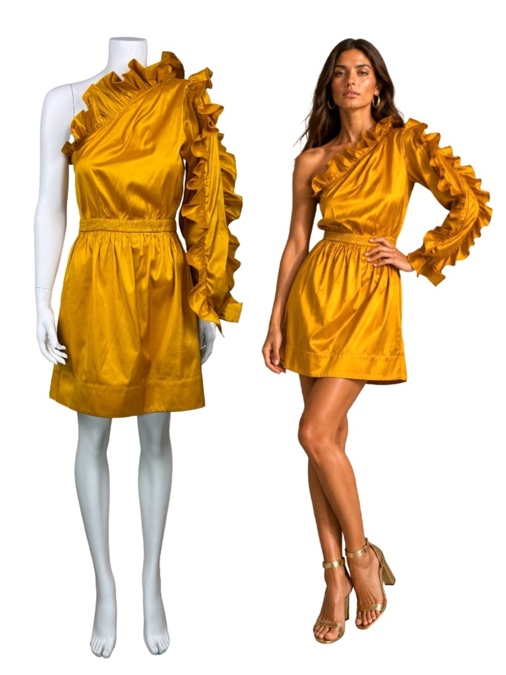 $570 Ulla Johnson One-Shoulder Ruffle Mini Dress Mustard Yellow Size 4 Item Det
